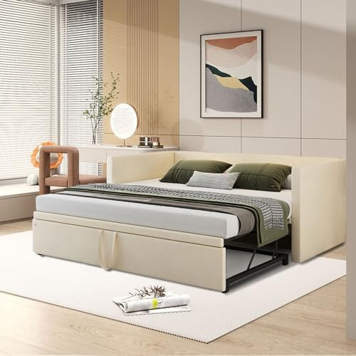 WOBOPCG Letto giornaliero 90/180 x 200, divano letto multifunzione, allungabile 90/180 x 200, letto imbottito con rete a doghe, letto funzionale per ragazzi singolo, senza materasso (beige + velluto A