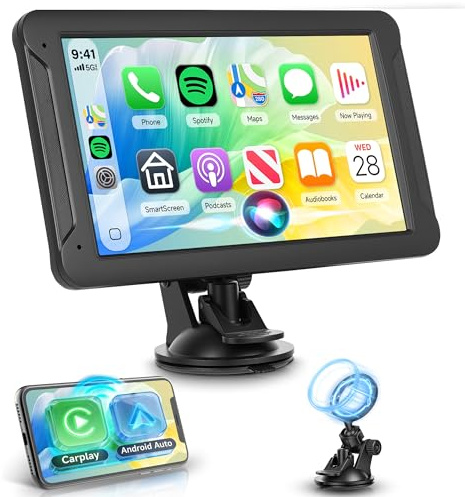 Wireless Carplay & Android Auto Display, Tragbar Autoradio mit 7 Zoll HD IPS Touchscreen Carplay Display mit Android Auto Airplay Android Cast Air Drop Bluetooth/FM-Transmitter