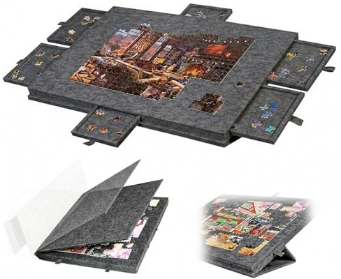 Puzzlebrett, faltbar, tragbarer Puzzle-Spieltisch mit 2-in-1-Ständer und Abdeckung, 6 Schubladen für 1000-teiliges Puzzle, leichtes Filz-Puzzlebrett für Erwachsene und Kinder (grau)