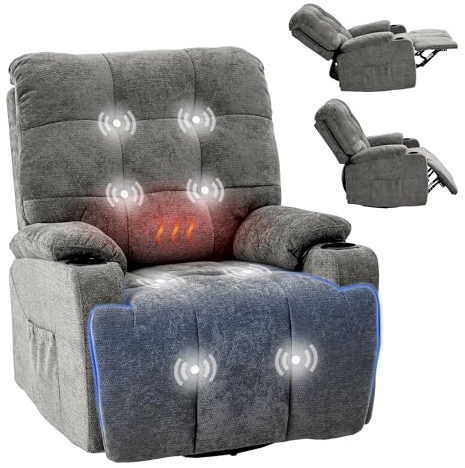 FLEXISPOT Elektrischer Relaxsessel, Massagesessel, Fernsehsessel, 360°drehbar, mit Heizfunktion, 8-Punkt-Massage, USB- und Type-C-Anschluss,105°-165° verstellbar, bis 200 kg, XR7 Curve(Grau)
