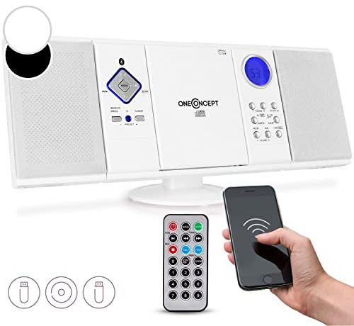 oneConcept Radio Portable CD Stéréo, Chaine Hifi, Poste Radio FM Streaming, Écran LCD, MP3, AUX, SD, Télécommande, Alarme Reveil, Lecteur CD Bluetooth, 2x Enceintes Mini Chaînes Hi-fi