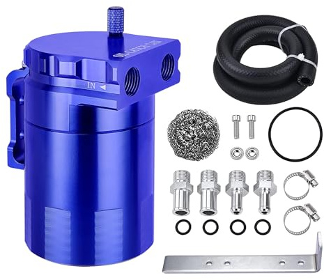 EVIL ENERGY Oil Catch Can, Universal Baffled Catch Can Kit with NBR Fuel Hose, 300ml Aluminum Air Oil Separator Tank for PCV System Blue