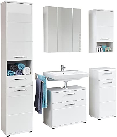 trendteam smart living - Monte - Badkombination - Weiß Hochglanz - Hochschrank, Spiegelschrank, Waschbeckenunterschrank, Hängeschrank, Standschrank - (BxHxT) 164 x 189 x 38 cm - Viel Stauraum