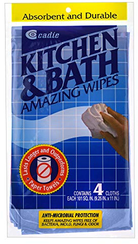 Kitchen and Bath Amazing Wipes - Absorbent and Reusable Cloth for Washing, Drying, Wiping in The Bathroom or Cuisine Surfaces | Cleaning Sink,Tiles,Bathtub,Walls,Mirror (1 Pack-4 Wipes, Blue)