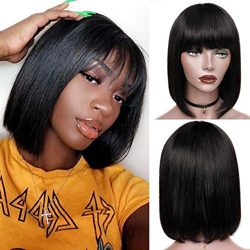 Rebasar Bob Wig Human Hair with Bangs Peruk Brasiliansk Rak Bob Peruk Human Hair Bob Wigs 150% Density Short Bob Wigs för Kvinnor Människohår Naturlig äkta hår 10 Tum
