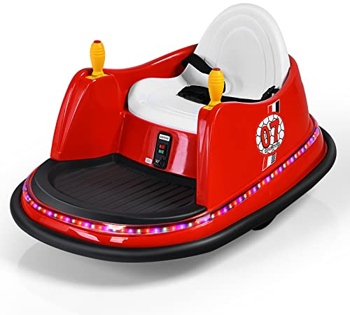 GYMAX 360 Spin Kids Bumper Car, Electric Ride on Toy with Remote Control, Lights, Music and Safety Belt, Children Battery-Powered Vehicle (Red), 75 x 57 x 42cm
