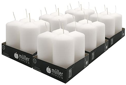 Müller Stumpenkerzen - Weiß - 24 Stück - Ø 48 · 90 cm - Brenndauer 16 Stunden - Duftfrei - Kerzen für Dekoration, Haushalt, Feiern und Gastronomie