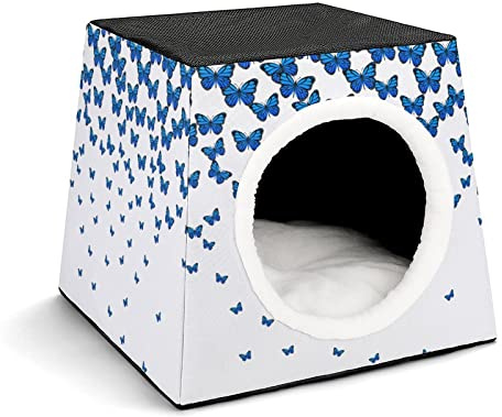 Three-Purpose Cat House Cat Bed Cat Sofa Printed Cat Cube Indoor Outdoor Kitty Shelter Butterflies Blue