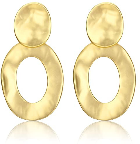 ADRAMATA Ohrring Clip für Damen Gold Ohrclips Damen Ohne Ohrlöcher Großer Runder Wassertropfen Baumelnde Ohrringe Matt Gehämmert Geometrische Ohrringe Fake Earrings Gold Ohrringe Non Piercing