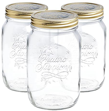 Bormioli Rocco Quattro Stagioni Glass Storage Jars - Traditional Kitchen Food Canister with Screw Top Lid - 1 Litre - Pack of 3