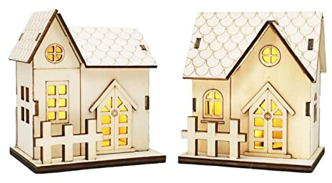 CAMEIRGOU Pueblos Navideños con Luz, 2 Piezas Mini Casa De Madera De Navidad con Luces LED, Pueblos Navideños En Miniatura, Led Casa De Navidad Luminosa De Madera, Decoración De Mesa De Navidad