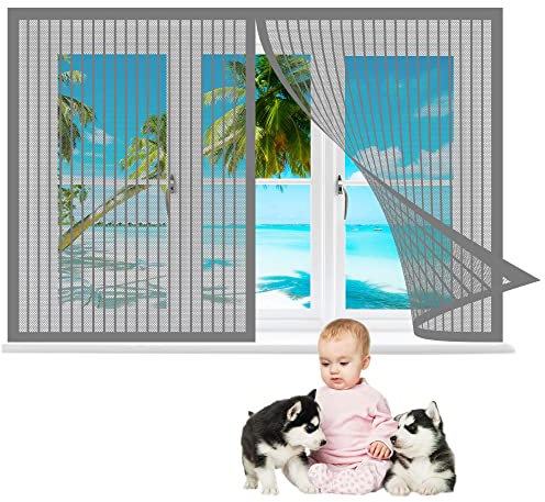 Fliegengitter Fenster Magnet 90 x 170 cm, Insektenschutz Selbstklebendes Fliegengitter für Fenster, Total Magnetisch, Automatik-Verschluss für Windows/Wohnzimmer Fenstern, Grau