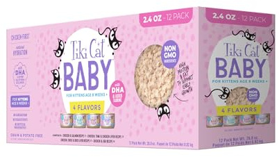 Tiki Cat Baby Wet Cat Food for Kittens, Shreds Variety Pack 2.4 oz. Cans (12 Count)