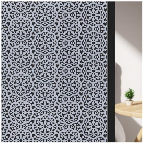 ConCus-T Blackout Window Film Patterned Lace Decorative Glass Covering Static Cling Privacy Frosted Vinyl Stickers for Home Office Bathroom, Black, 44.5 x 400 cm