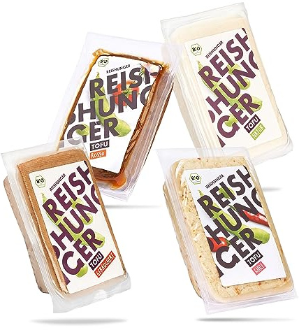 REISHUNGER Bio Tofu Probier Set – 4 x 200 g | 4 Sorten: Natur, Geräuchert, Rosso & Chili – Pflanzliches Protein – Glutenfrei & Vegan – Ungekühlt haltbar