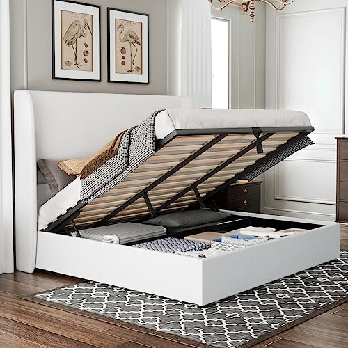 Jocisland King Lift Up Storage Bed Frame, Linen Wingback Headboard, White
