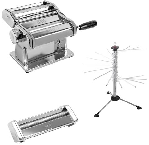 Set Preparazione Pasta, Macchina per la Pasta Atlas 150 + Essiccatore + Accessori Fettuccine, Taglioni e Bigoli, Accessori per Cucina, Made in Italy.