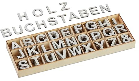 Relaxdays Holzbuchstaben Set, 324 TLG., Großbuchstaben A-Z, Und-Zeichen, 3 cm, kleine Buchstaben zum Basteln, Deko, grau | Und-Zeichen, 3 cm, kleine Buchstaben zum Basteln, Deko