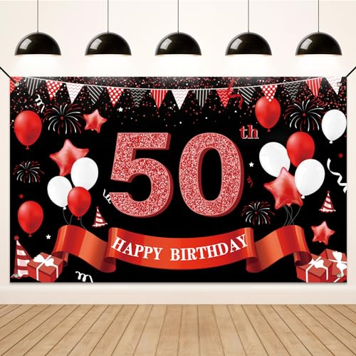 Koliphy Pancarta 50 Cumpleaños, Decoracion 50 Cumpleaños para Hombre y Mujer, Tela Pancarta de Fiesta Cumpleaños para Interiores y Exteriores, 180 x 110cm(Negro Rojo)