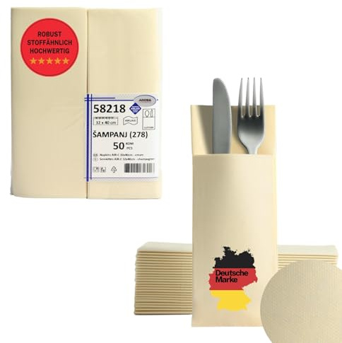 Aroba Airlaid Lot de 100 serviettes à couverts pliées avec fente Aspect tissu 32 x 40 cm Pliage en 8 Poche à couverts Qualité supérieure Pour mariage, anniversaire, hôtel, restauration Beige, BT32BE2
