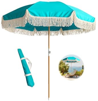ELZEM 180cm Azul Sombrilla Playa Antiviento Sombrilla Jardin Con Flecos Sombrilla Terraza Protección UV50+ Parasol Playa Inclinable Para Terraza Playa Piscina Café/Bolsa De Transporte