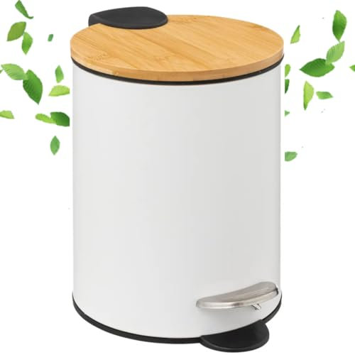 Solty - Papelera de Metal Blanca con Tapa de Bambú y Pedal | 3L | 17 x 23 cm | Cubo de Basura Pequeño con Cubeta Interior Extraíble y Asa | Ideal para Baño, Cocina o Escritorio