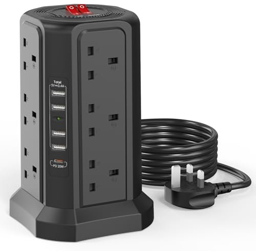 Tower Extension Lead with USB Slots 3M and 20W USB C Fast Charger, (13A 3250W) 5 USB Ports and 12 Way Extension Tower, Surge Protection Extension Lead with Switch, Extension Cable for Home, Office