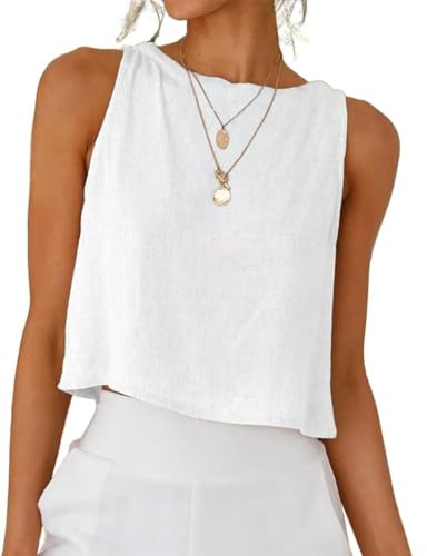Kinghua Womens Linen Crop Tops Summer Casual Loose Cotton Linen Sleeveless Tank Top, White, S