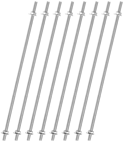 sourcing map 8pcs 8/32 Inch M4 Threaded Rods with 40pcs Hex Nuts and Washers 12 Inch 201 Stainless Steel Full Threads Right-Hand Thread for Hangers, U-Bolts, Beaded Garden Stake Rods, Silver