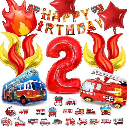Funnity Feuerwehr Deko Kindergeburtstag 2 Jahre, Feuerwehr Geburtstag Deko, Feuerwehr Luftballon eignen sich für Kindergeburtstage, Feuerwehrauto Mottopartys