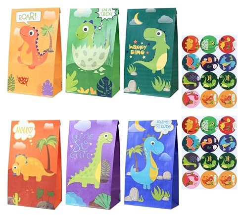 Mooshy 18 stycken presentpåsar dinosaurie-papperspåsar barnkalas, dinosaurie papperspåsar med 24 klistermärken, godispåsar för födelsedagsfest, barnkalas, dinosauriefest – 6 mönster