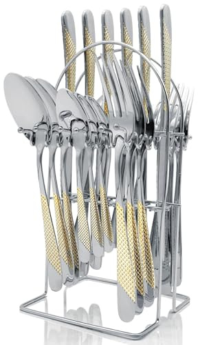 Gilded Silverware Set, 24 Piece Cutlery Set with Holder Service for 6 Mirror Polished Tableware Set for Home Kitchen, Dishwasher Safe (Gold Silvery)