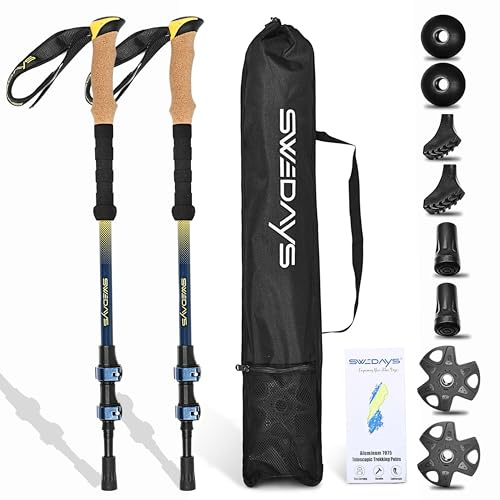 SWEDAYS® Premium Vandringsstavar Teleskop Gångstavar i Aluminium med Korkhandtag och Gummifötter, Lättvikt, Lättjusterbar från 63cm-135cm för Dam och Herr (Oceanblue)