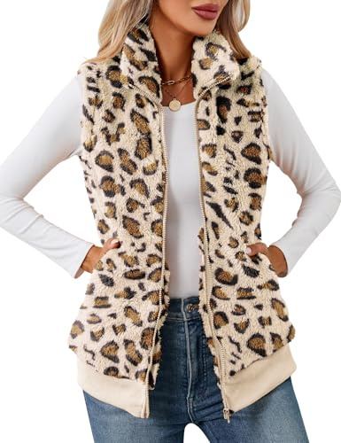 IECCP teddy fleece väst dam varm ärmlös väst för höst och vinter teddyjacka ledig och lätt damväst höstrock med ståkrage, Aprikos leopard, M