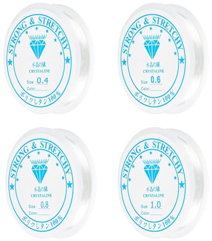 zoerbufan 4 Spule Gummiband für Armbänder, Elastische Schmuckfaden 0,4 mm, 0,6 mm, 0,8 mm, 1,0 mm 1 Rolle jeder Größe, Transparente Perlen Faden, Reißfeste Schnur zum Perlen Auffädeln Basteln