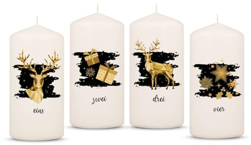 GRAVURZEILE Bedruckte Adventskerzen - Advent Geometrisch Gold - Weihnachtskerze für den Adventskranz 4er Set - Dekoration zu Weihnachten - Geschenk für Sie & Ihn - Stumpenkerze 120/58 mm