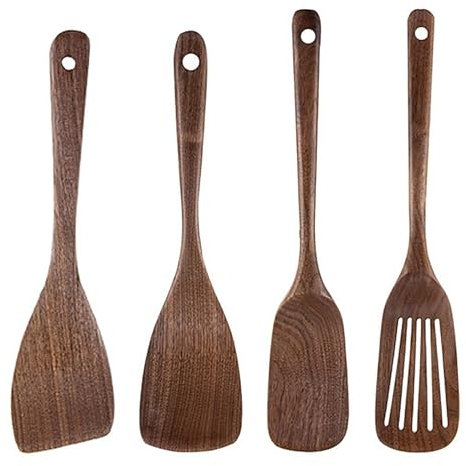 UPTALY Juego de 4 utensilios de cocina de madera (A4), cucharas de nogal negro natural, cucharón grueso, pala de cocina resistente, espátula ranurada de madera, cuchara mezcladora extralarga,