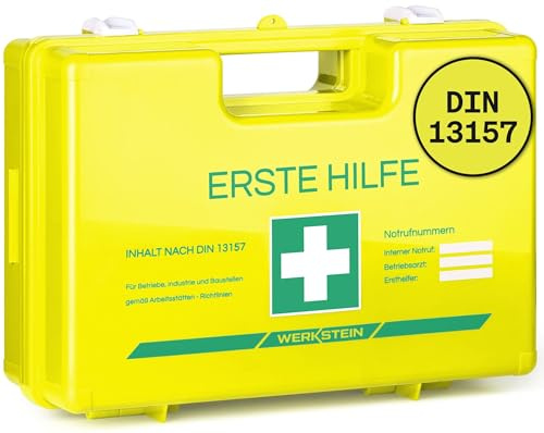 WERKSTEIN® Erste Hilfe Verbandskasten Gelb inkl. Wandhalterung | [DIN 13157:2021] - Erste Hilfe Kasten für Betrieb, Büro & Zuhause - Erste Hilfe Koffer - Verbandsmaterial - Notfallbox