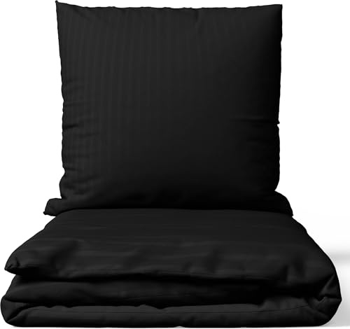 Leonado Vicenti Satin Bettwäsche 155x220 cm Schwarz | 100% Baumwolle Damast | 4-Jahreszeiten Set mit Kissenbezug 80x80 cm | Premium Qualität | Weich & Hautfreundlich | Mit Reißverschluss