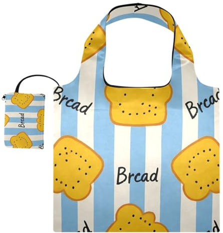 OWFKAY Grand sac fourre-tout pliable - Motif pain à rayures - Sac d'épicerie extra large - Imperméable et léger - 46 x 41 cm, Motif de pain à fond rayé, Taille unique