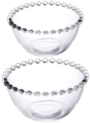 Veemoon 2pcs Beaded Edge Glass Bowls Set - Clear Large Serving and Mixing Bowls for Salad - Fruit Dessert and Snacks Elegant Home Kitchen Prep Plates