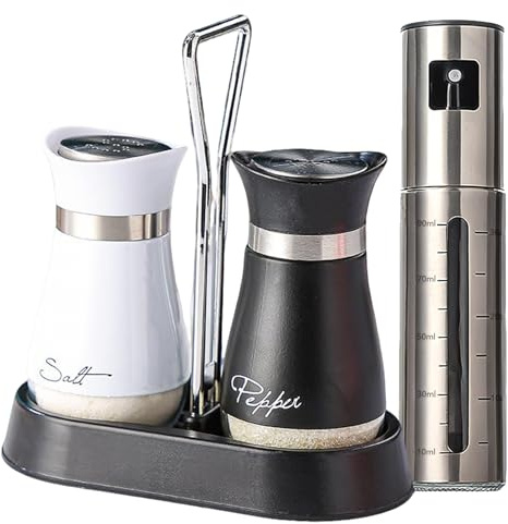 KATKLIU Set saliera e pepiera, 120 ml saliere piccole ricaricabili in vetro e acciaio inox con supporto + spruzzatore olio 100 ml, contenitori spezie per casa, tavolo, barbecue, campeggio
