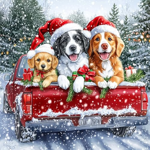 QENSPE Weihnachts Diamond Painting für Erwachsene, Winter Hunde Diamant Kunst, Rund Vollbohrer Kristall Kreuzstich, Diamants Malset Kunsthandwerk für Hause Wand Dekoration (30 x 30 cm)