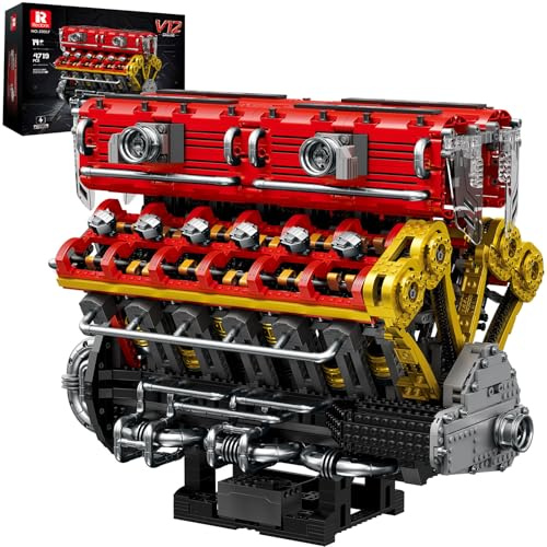 Reobrix V12 Motor Bausatz für Erwachsene, XXL Auto-Motor Klemmbaustein Set | V12 Motorisierter Bausatz, Mechanisches Motormodell 33017, Realistische Kolbenbewegung, Funktionaler Turbolader, 4719 Teile