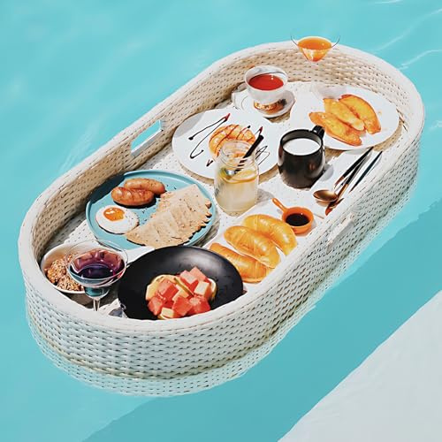 Floating Rattan Breakfast Tray Deluxe Pool Service Tray for Drinks & Brunch White Floating Table for Poolside Relaxation & Entertaining
