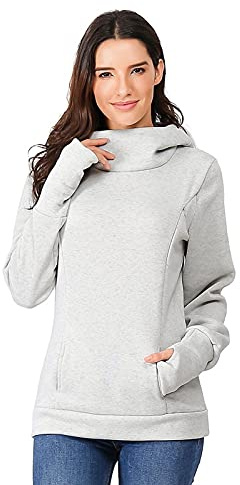 Duohropke Jersey de lactancia para mujer, manga larga, cuello alto, jersey de maternidad, sudadera de invierno con bolsillos, sudadera de lactancia de dos capas, para embarazo, ropa de maternidad