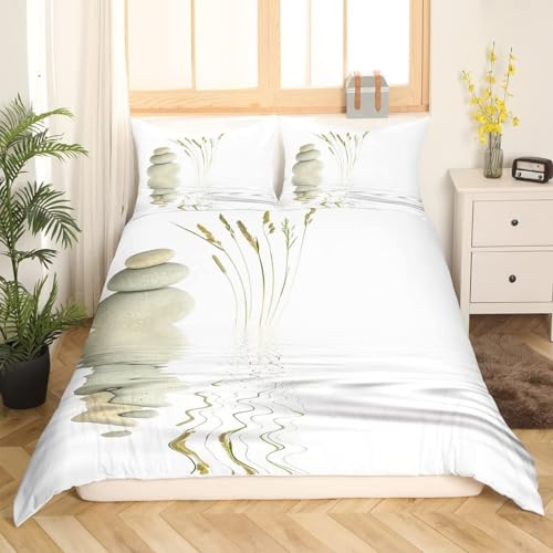 CCZM Housse de Couette 140x200 Pierre, Parure de Lit 1 Personne Imprimée Style Zen Roseau, Linge de Lit Paysage Réversible avec 2 Taie d'oreiller, Fermeture Éclair, E-813