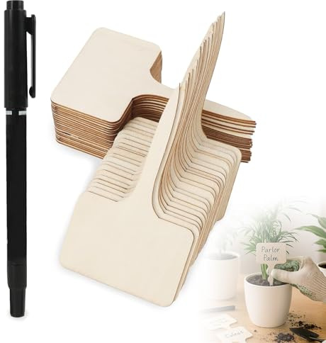 50 Pcs Wooden T-Type Plant Labels, 6 × 10 cm Garden Tags with Marker | Writable plant markers for seedlings, herbs, flowers, vegetables, pots, gardens and greenhouses