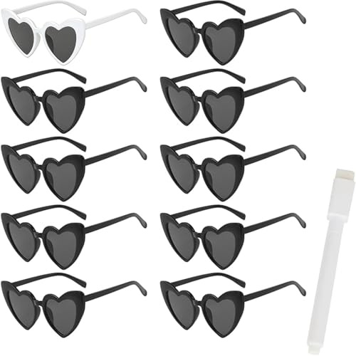ASFWAGQ Set di occhiali da sole a forma di cuore, colore bianco/nero, ideali per matrimoni, JGA, Carnevale e feste a tema, con penna per idee decorative creative