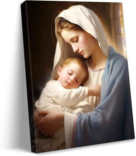 AIHNBF Religiös väggkonst Madonna och barn oljemålning porträtt canvastryck heliga Maria med jesbarn andlig konst för vardagsrum sovrum bönerum väggdekoration 40 x 60 cm